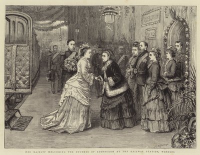 Hennes Majestät välkomnar hertiginnan av Edinburgh vid järnvägsstationen i Windsor. av George Goodwin Kilburne