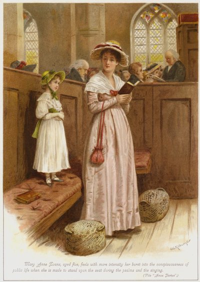 Mary Anne Evans, fem år gammal, känner med större intensitet hur hon bröt in i det offentliga livets medvetande när hon tvingas stå på sätet under psalmerna och sången av George Goodwin Kilburne