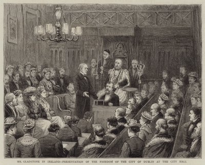 Mr Gladstone i Irland, presentation av staden Dublins frihet i stadshuset av George Goodwin Kilburne