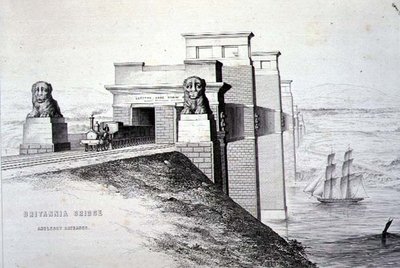 Britannia Bridge, Anglesey Entrance, graverad av konstnären, pub. 1849 (litho) (för färg se 122445) av George Hawkins