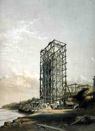 Britannia Bridge, Caernarvon Tower, september 1848, pub. 1849 (litho) av George Hawkins