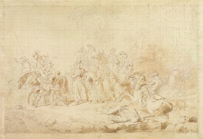 Banditti från Kurdistan hjälper georgier att överraska och bära bort cirkassiska kvinnor ca 1827-28 (penna och brunt bläck på vävt papper) av George Hayter