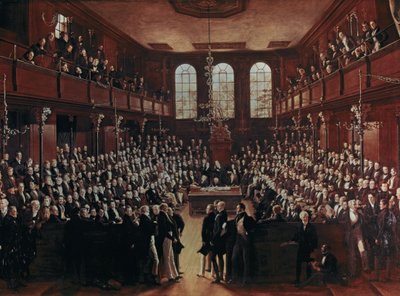 UNDERHUSET: Det första reformerade underhuset under flyttningen av adressen... (olja) av George Hayter