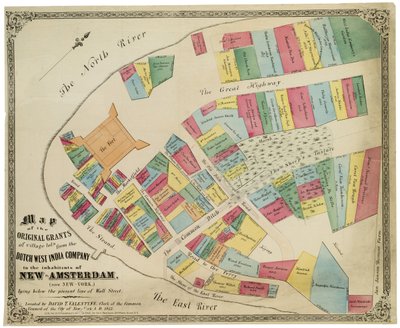 Karta över de ursprungliga anslagen av bytomter från det holländska västindiska kompaniet till invånarna i New-Amsterdam (nu New-York) som ligger under den nuvarande linjen på Wall Street, 1857 (svart bläck, med färg av George Hayward