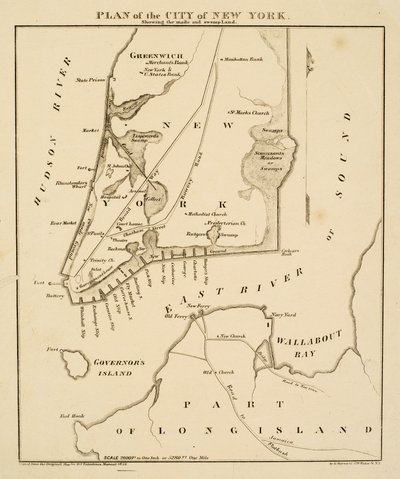 Plan över staden New York som visar det gjorda [sic] och sumpmark, 1856 (svart bläck på papper) av George Hayward