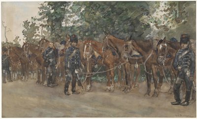 Husarer som står bredvid sina hästar vid sidan av vägen av George Hendrik Breitner