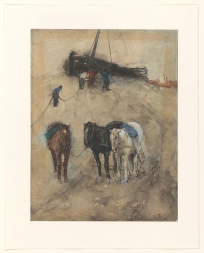Hästar på stranden, i bakgrunden en pråm och fiskare av George Hendrik Breitner