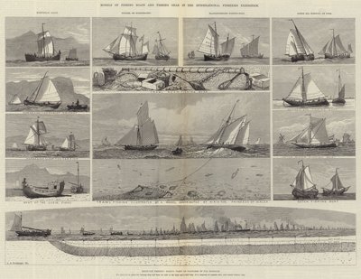 Modeller av fiskebåtar och fiskeredskap i den internationella fiskeutställningen av George Henry Andrews