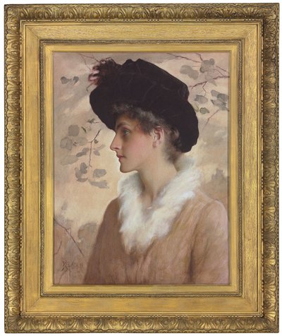Porträtt av en dam, halvlångt, iklädd en svart hatt och pälsstol, 1888 av George Henry Boughton