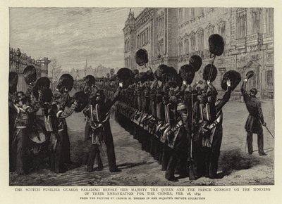 The Scotch Fusilier Guards paraderar inför Hennes Majestät Drottningen och Prinsgemalen på morgonen av deras ombordstigning till Krim, 28 februari 1854 av George Housman Thomas