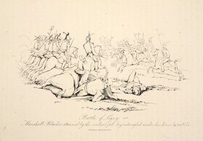 Slaget vid Ligny: Marshall Blucher bedövad av det våldsamma fallet låg intrasslad under sin häst, puben J. Booth, 1816 av George Jones
