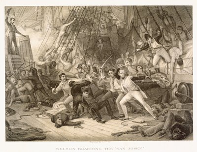 Horatio Nelson går ombord på San Josef vid slaget vid Cape St Vincent, 14 februari 1797, graverad av John Crew efter originalet i Greenwich Hospital Collection av George Jones
