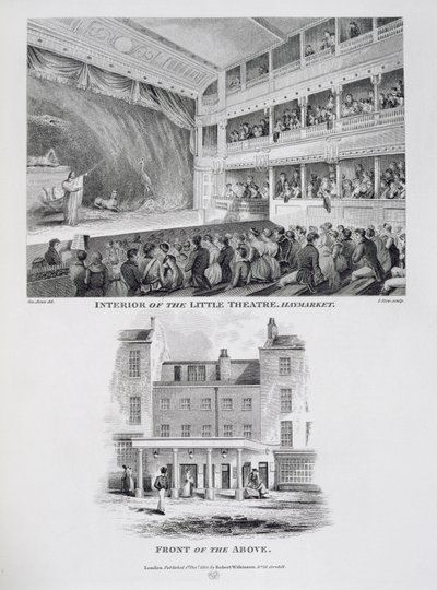 Interiör av Little Theatre, Haymarket i London och Front of the Above, graverad av James Stow (c.1770-1820) 1815 av George Jones