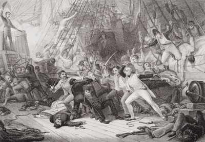 Nelson går ombord på San Josef i slaget vid St. Vincent, 14 februari 1797, från "Illustrationer av engelsk och skotsk historia" volym II av George Jones