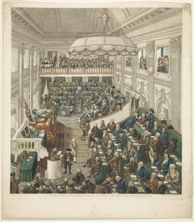Första nationalförsamlingen i Haag, 1796 Exakt skildring av nationalförsamlingen i Haag (titel på objekt) av George Kockers
