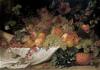 Frukt och blommor på en stenkant, 1829 av George Lance
