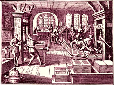 Inuti ett tryckeri, Tyskland 1619 (gravyr) av Bartolome Esteban and studio Murillo