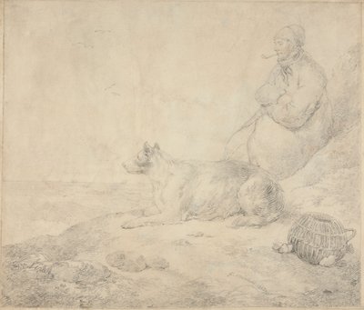 Fiskare och hund sitter vid kusten av George Morland