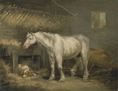 Gamla hästar med en hund i ett stall, ca 1791 (olja på panel) av George Morland