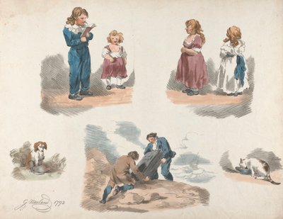 Uppsättning av fem: Studier av barn, en hund, en katt, etc. av George Morland