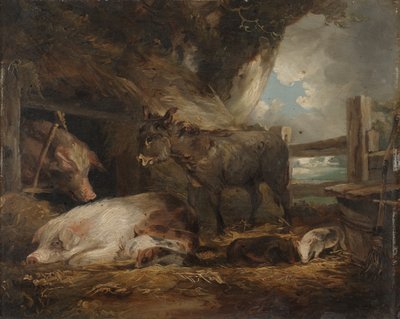 Besök på grisstallen (olja ombord) av George Morland