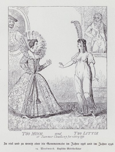 För mycket och för lite, sommarkläder för 1556 och 1796 (litho) av George Moutard (after) Woodward