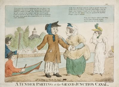 A Tender Parting at the Grand Junction Canal, graverad av Roberts, 1810-talet (handfärgad etsning) av George Moutard Woodward