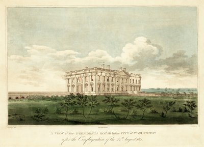 En beskåda av presidenthuset i staden Washington efter eldsvådan den 24 augusti 1814, pub. 1814 av George Moutard Woodward