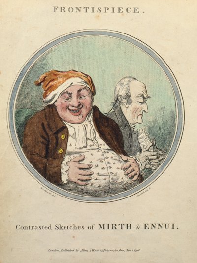 Kontrasterade Sketches of Mirth and Ennui (handfärgad etsning) av George Moutard Woodward