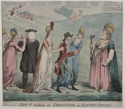 Moder Windsor med fyra av sina kurtisaner beordrar sina flickor att arrestera biskopen av Durham och hertigen av Queensbury, 1798 (färgetsning) av George Moutard Woodward
