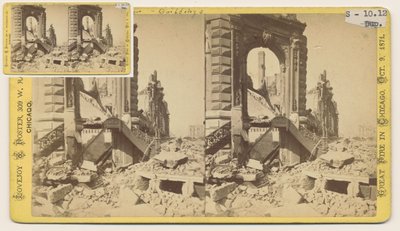 Stereograf av Bryan Block i nordvästra hörnet av Monroe och LaSalle Streets efter Chicago-branden 1871, 1871 (bw-foto på kortfäste) av George N. Barnard