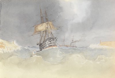 HMS "Trafalgar" seglar in i Maltas hamn efter att ha förlorat roderspetsen i en storm, 9 februari 1852 av George Pechell Mends