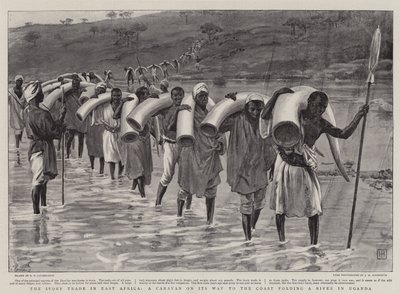 Elfenbenshandeln i Östafrika, en karavan på väg till kusten som forsar en flod i Uganda av George Percy Jacomb-Hood