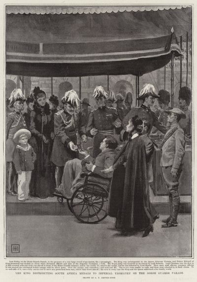 Kungen delar ut Sydafrika-medaljer till Imperial Yeomanry på Horse Guards Parade. av George Percy Jacomb-Hood