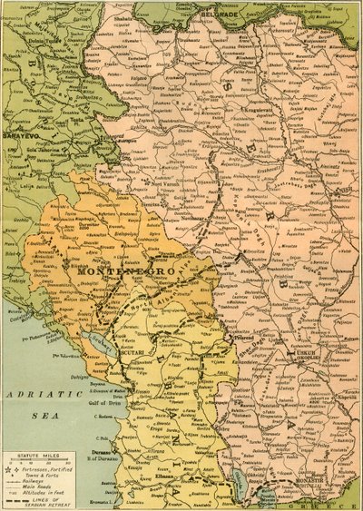 Karta för att illustrera Serbian Retreat, 1919. av George Philip and Son Ltd
