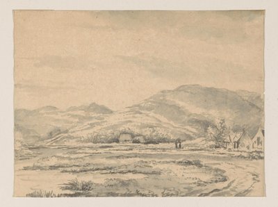 Kuperat landskap med några hus och en flod till vänster av George Pieter Westenberg