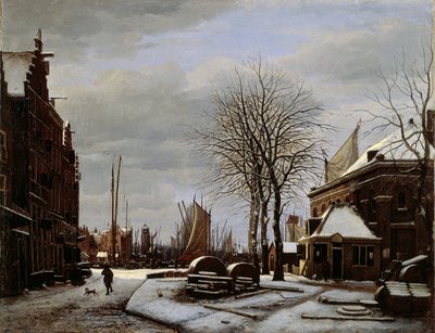 Slijpsteenmarkt (Whetstone Market) i Amsterdam med byggnaden "Het Zeerecht" på vintern (The Slypsteenen at Amsterdam) av George Pieter Westenberg