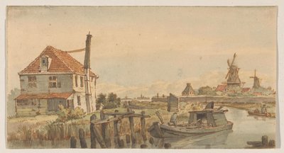 Segla med en båt, ett hus och två väderkvarnar av George Pieter Westenberg