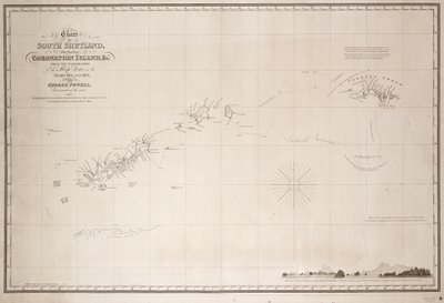Karta över södra Shetland inklusive Coronation Island, från utforskningen av sloop Dove under åren 1821 och 1822 av George Powell Commander of the same av George Powell