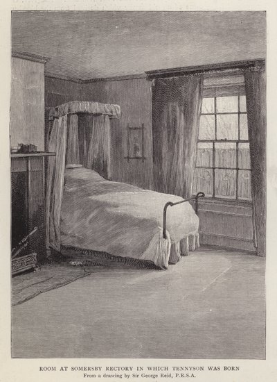 Rum på Somersby Rectory, Lincolnshire, där den engelske poeten Alfred, Lord Tennyson föddes 1809 (litho) av George Reid