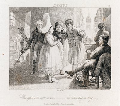 Intressant möte - Bayeux, ca 1821 (etsning) av George Robert Lewis