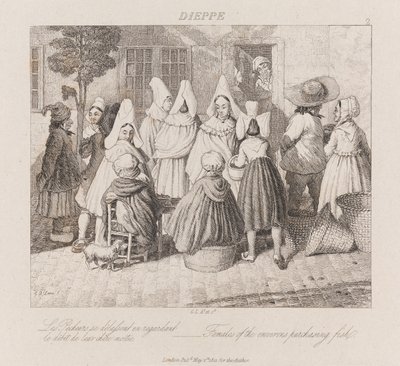 Kvinnor som köper fisk, Dieppe, ca 1821 (etsning) av George Robert Lewis