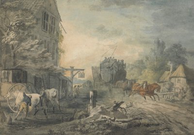 En diligens och fyra rusar genom en by på Bath-London Road av George Robertson