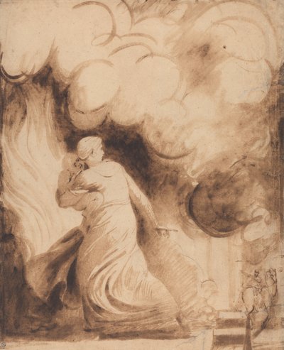 En mor med sitt barn i famnen flyger över stadsmuren i en stad i lågor (Lady Hamilton som "Andromache" flyr från Trojas bränning; Elden) av George Romney