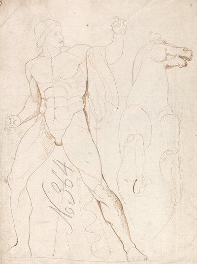Klassisk manlig nakenbild med en uppfödande häst av George Romney