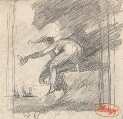 Kvinnofigur knäböjer på en klippa och vinkar av George Romney