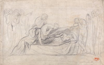 Figurer som sörjer vid en kvinnas bår av George Romney