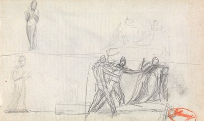 Gruppscen och två skisser av en stående figur av George Romney