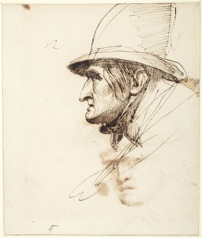 Huvud av en man i profil med en stor hatt av George Romney