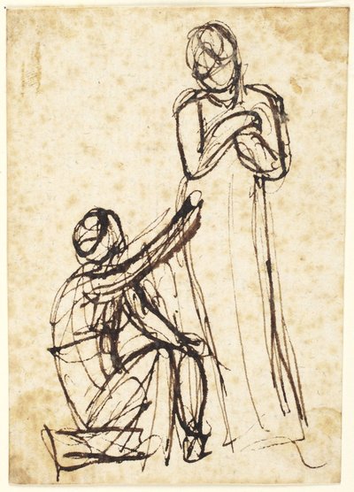 En knästående figur som räcker över ett föremål till en stående figur av George Romney